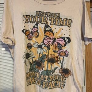 Zoe + Liv Beige Graphic Tee with Butterfly and Floral Design